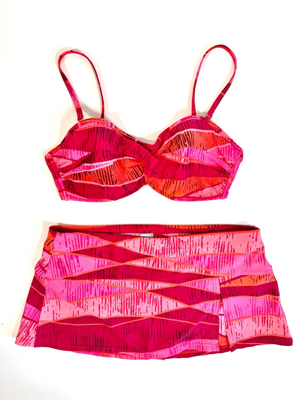 Sunsets Luminous Abstract Swim Bikini Set Underwire 34D Skirt Skort Small Pink S